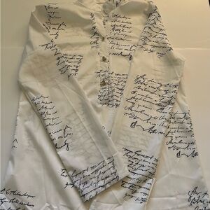 White w/Blue Script Print Women’s Shirt